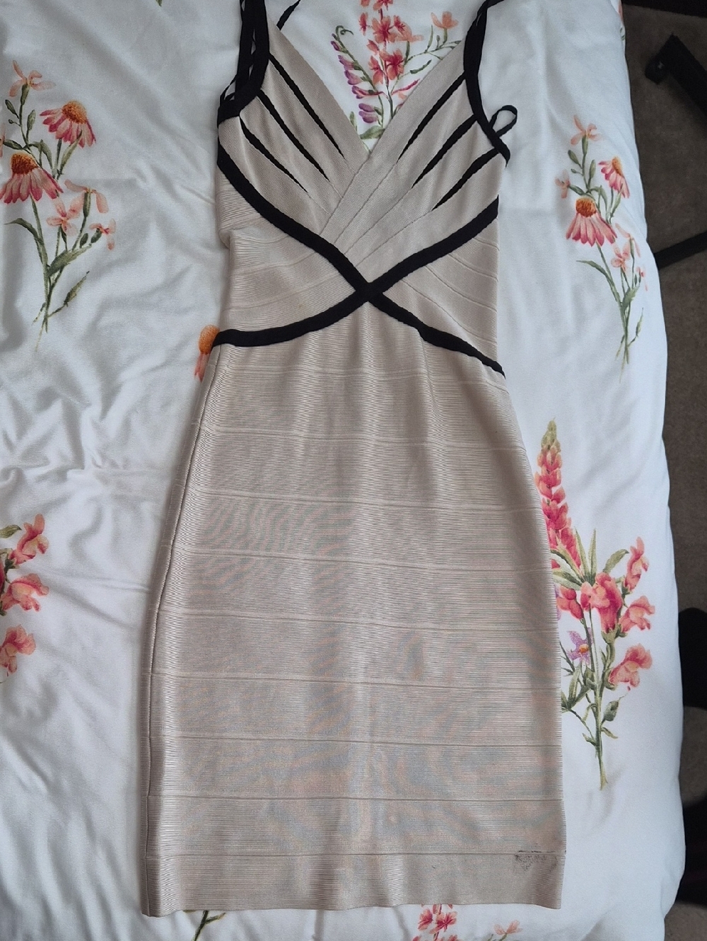 Herve Leger Beige Mini Dress with Black Trim
